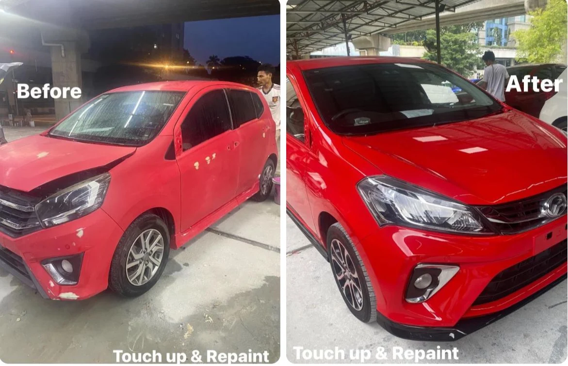 Original side-by-side before and after photos of a red MPV, labelled Touch up & Repaint